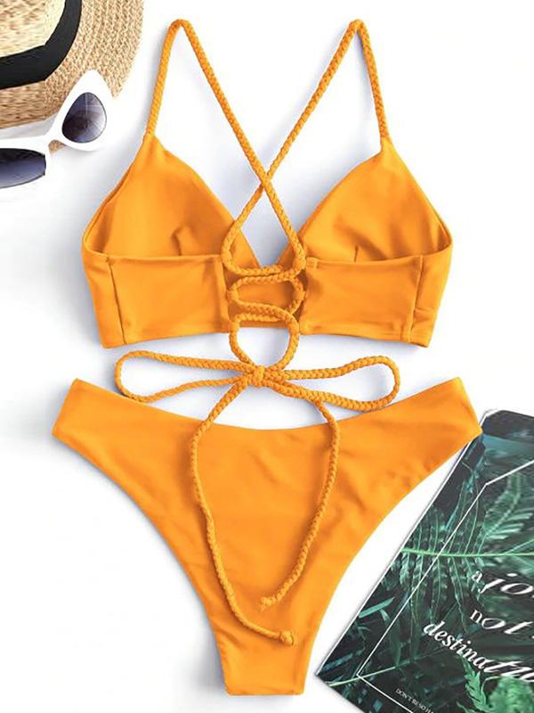 Solid Color Backless Bandage Split Bikini Swimsuit