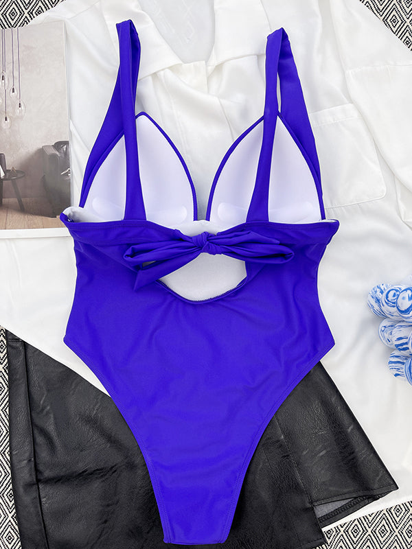 Solid Color V-Neck Backless One-Piece Swimsuit