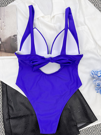 Solid Color V-Neck Backless One-Piece Swimsuit