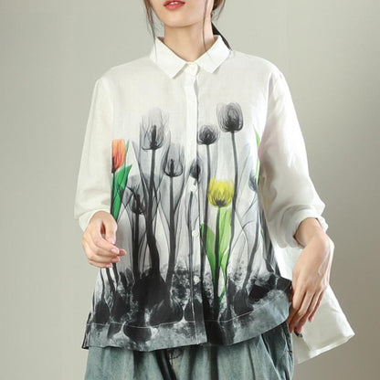 Buykud Elegant Ink Flower Casual Single-breasted Shirt