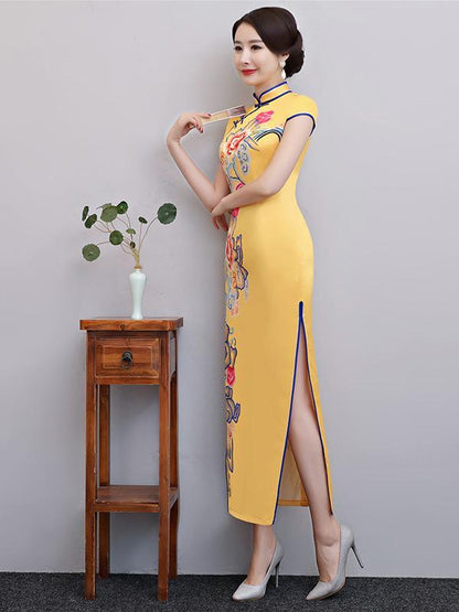 Yellow Floral Split-side Long Cheongsam