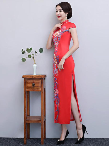 Red Floral Side Split Long Cheongsam