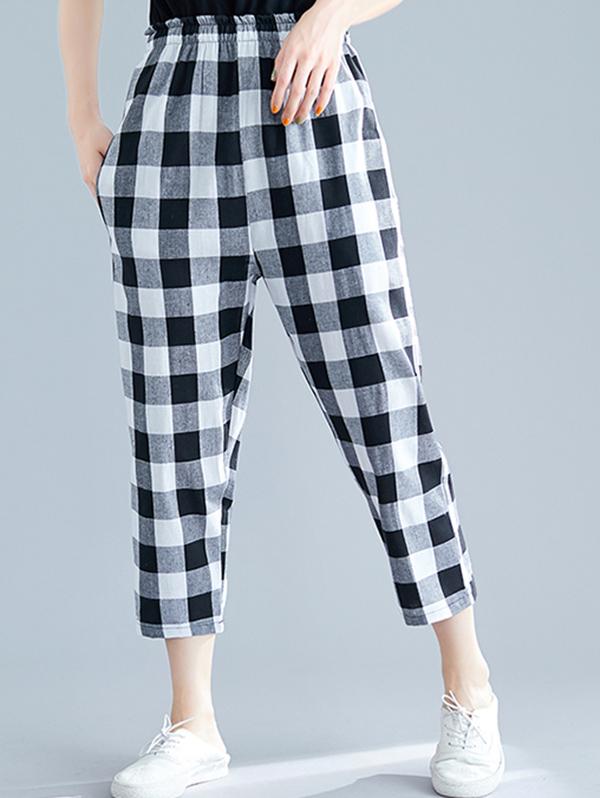 Loose Straight Leg Plaid Harem Pants