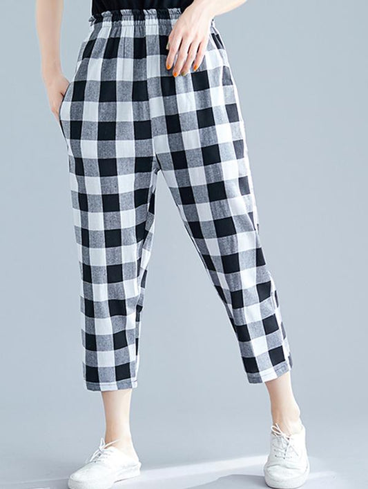 Loose Straight Leg Plaid Harem Pants