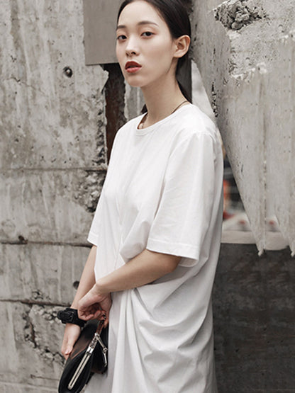 Simple Solid Color Asymmetric Pleated Short Sleeves Round-Neck T-Shirt