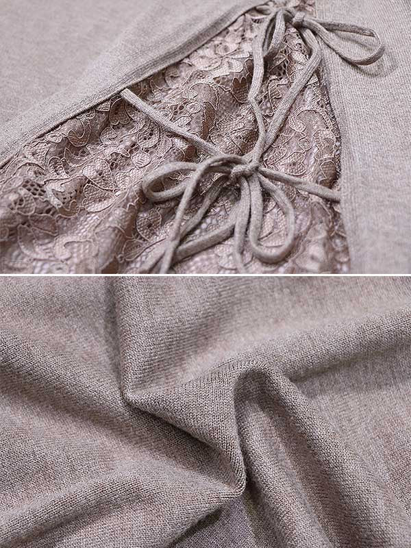 Artistic Retro Solid Color Split-Joint Embroidered Falbala Hollow Lace Tied Stand Collar Long Sleeves Knitted Sweater Dress