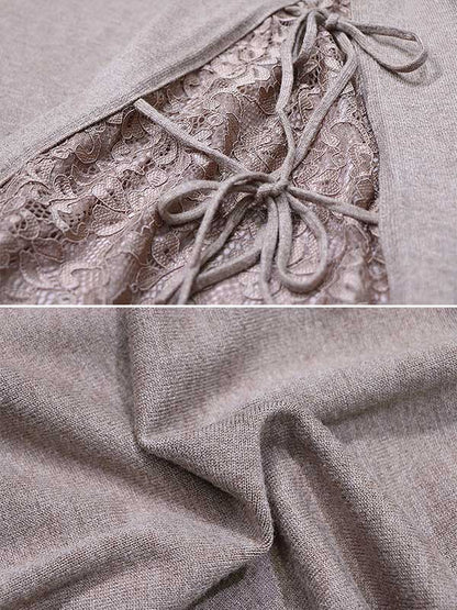 Artistic Retro Solid Color Split-Joint Embroidered Falbala Hollow Lace Tied Stand Collar Long Sleeves Knitted Sweater Dress