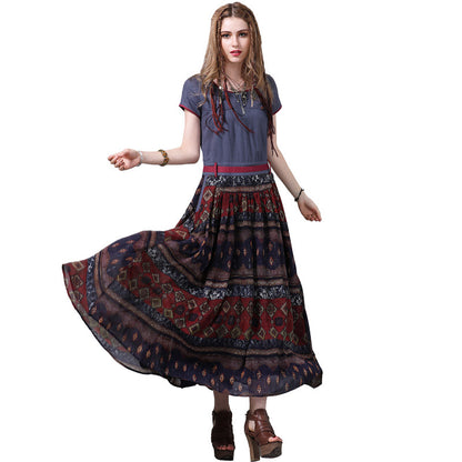 Cotton Linen Floral Print O-Neck Short Sleeve Bohemian