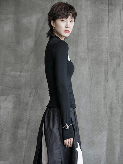 Casual Contrast Color Split-Joint High-Neck Long Sleeves T-Shirt Tops