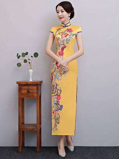 Yellow Floral Split-side Long Cheongsam