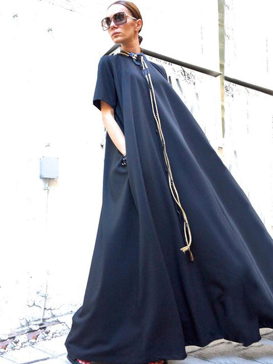 Loose Navy-blue Short Sleeves Maxi Dress