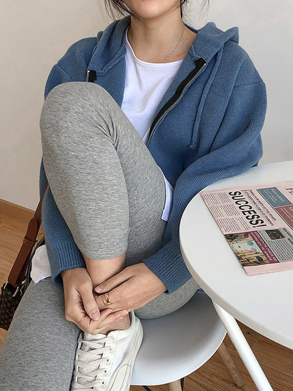 Fashion Solid Knitted Long Sleeves Hooded Outerwear