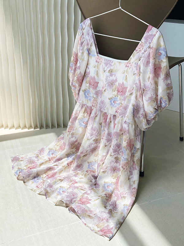 Original Floral Printed Square-Neck Puff Sleeve Mini Dress