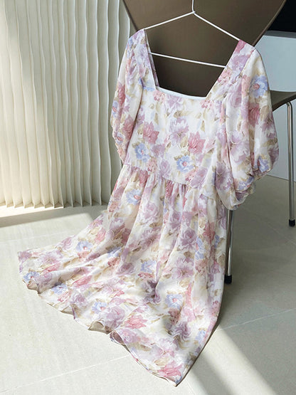 Original Floral Printed Square-Neck Puff Sleeve Mini Dress