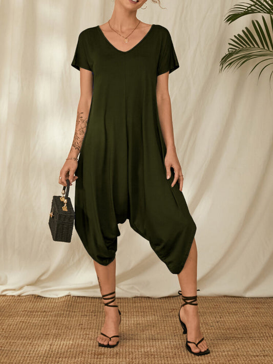 Causal Loose 3 Colors V-Neck Short Sleeves Wide Leg Rompers