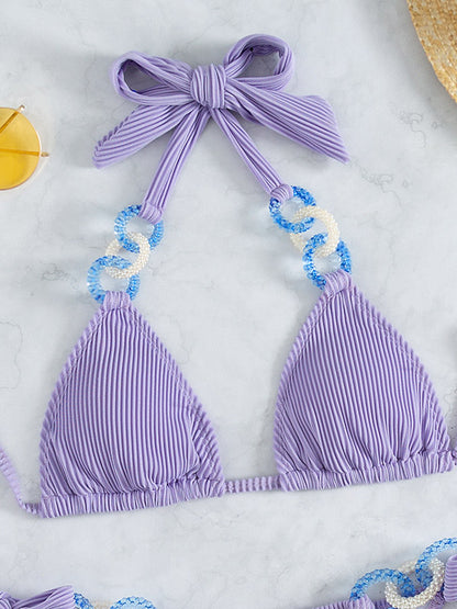 Triangle Tie-Side Solid Color Decoration Bikini Swimwear