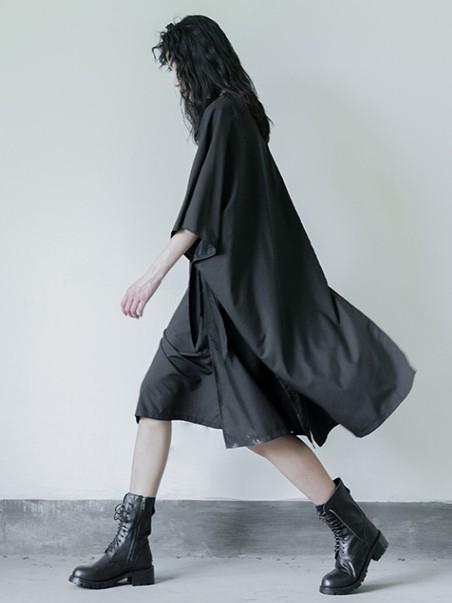 Simple Black Lace-up Batwing Sleeves Dress