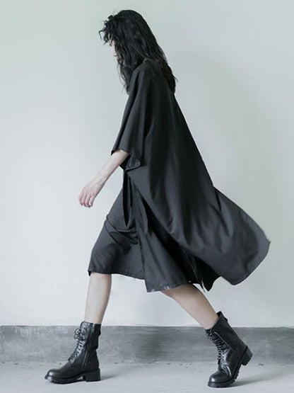 Simple Black Lace-up Batwing Sleeves Dress