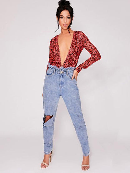 Fashion Deep V-neck Leopard Jumpsuits