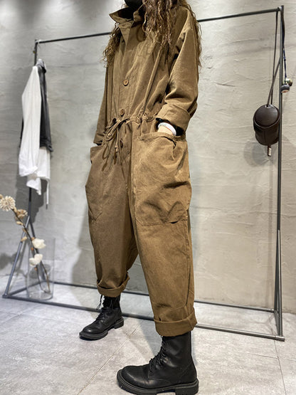 Fashion Long Sleeves Lapel Solid Color Jumpsuits