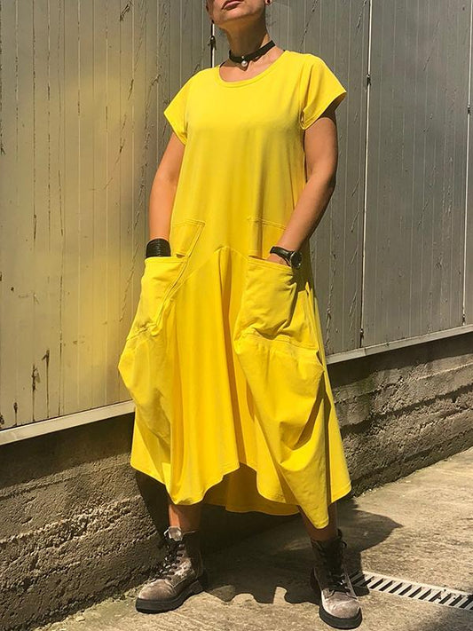 Short Sleeve Double Pockets Irregular Maxi Dress