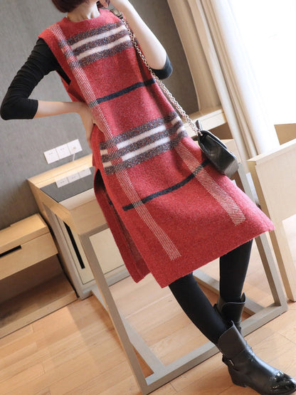 Artistic Retro Striped Split-Side Round-Neck Sleeveless Knitted Vest