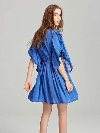 Embroidered Deep V-neck Mini Dress