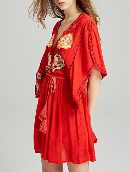 Embroidered Deep V-neck Mini Dress