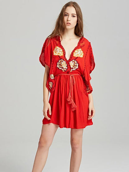 Embroidered Deep V-neck Mini Dress