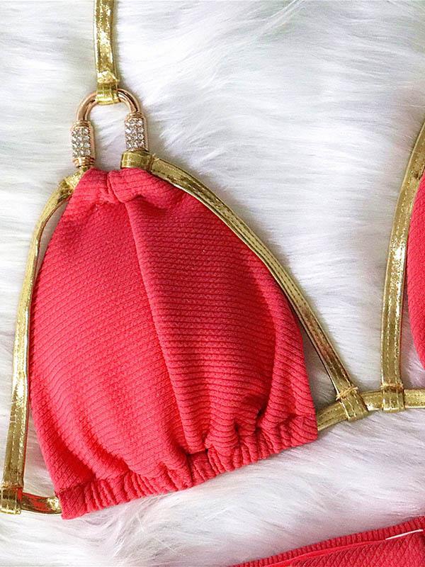 Solid Color Bandage Split Bikini Swimsuit