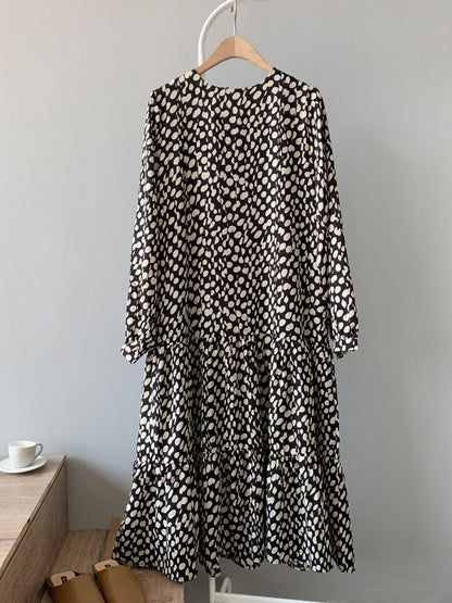 Stylish Polka-Dot Pleated Round-Neck Long Sleeves Loose Midi Dress