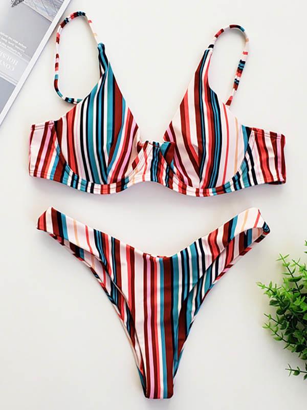 Striped-Print Underwired Split Bikini Swimsuit