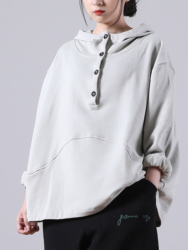 Casual Solid Color Buttoned Batwing Sleeve Hoodies