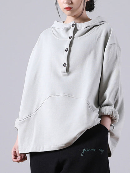 Casual Solid Color Buttoned Batwing Sleeve Hoodies