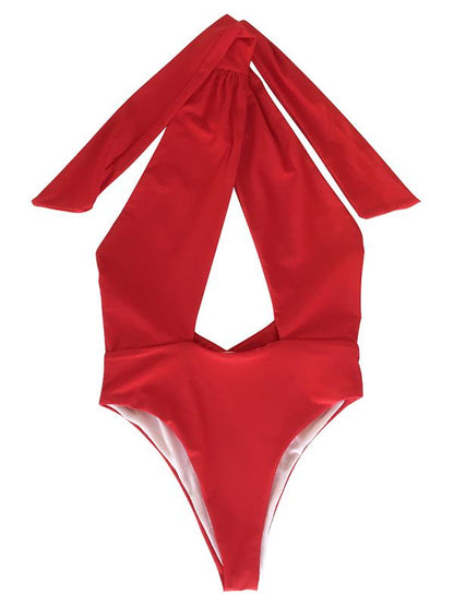 Solid Bandage Halter-neck One-piece Swimwear