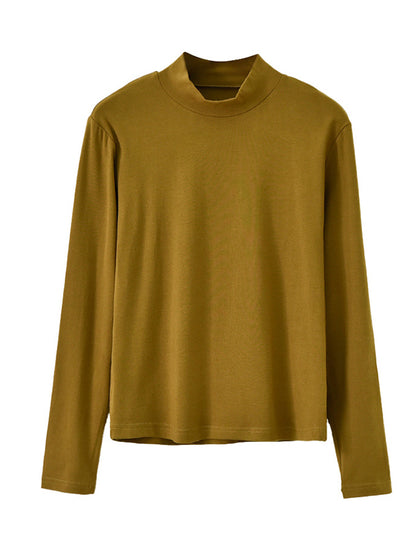 Simple Long Sleeves Elastics Solid Color High-Neck T-Shirts Tops