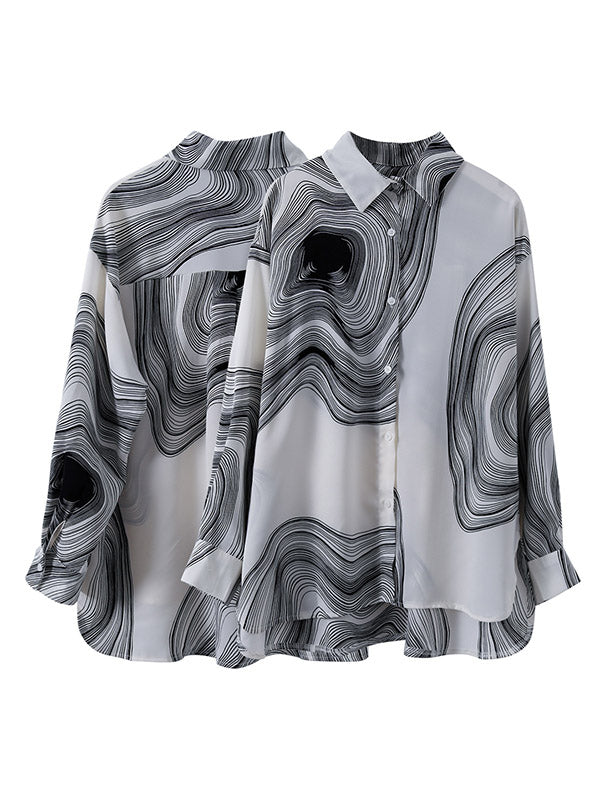 Urban Printed Buttoned Asymmetric Lapel Blouses Tops