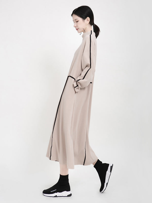 Casual Contrast Color Split-Joint Stand Collar Long Sleeves Midi Dress