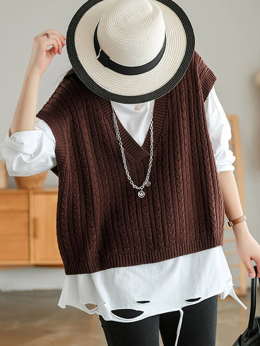 Vintage V-Neck Solid Color Sleeveless Knitting Vest Tops