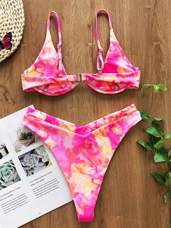 Tie-Dyed Spaghetti-Neck Split Bikini Swimsuit