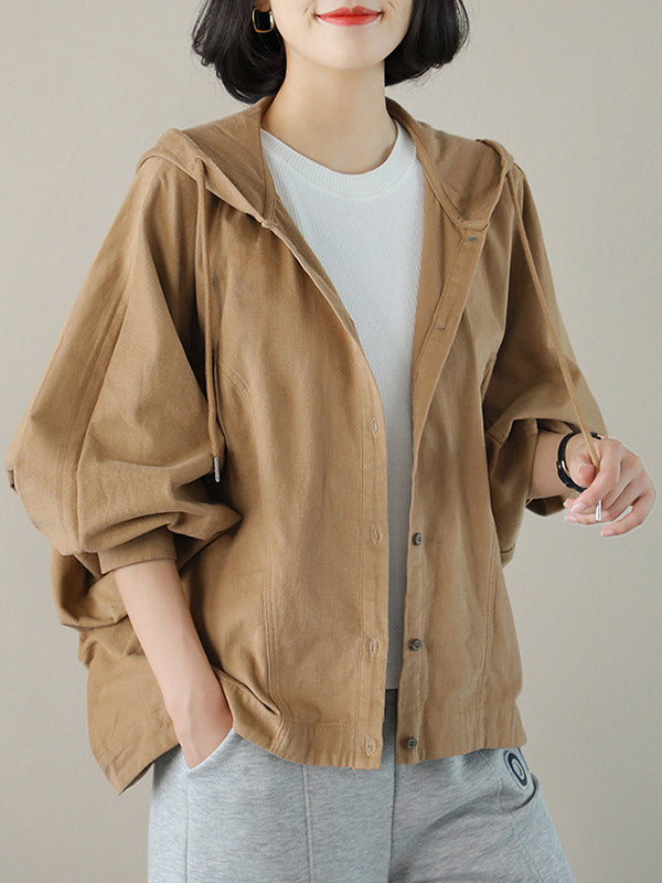 Casual Buttoned Drawstring Solid Color Batwing Sleeve Outerwear