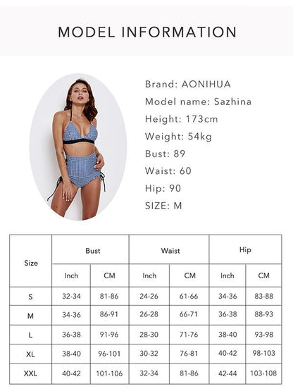 Blue Plaid Halter-neck Bikinis Swimwear