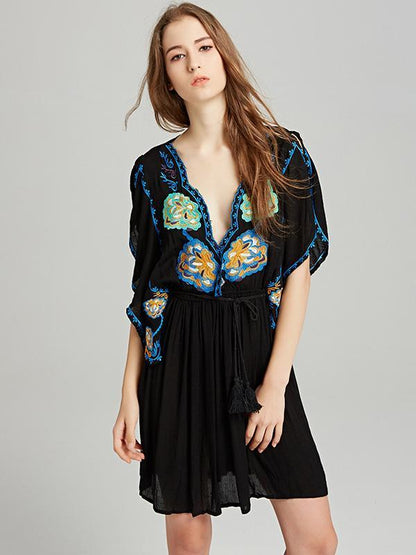 Embroidered Deep V-neck Mini Dress