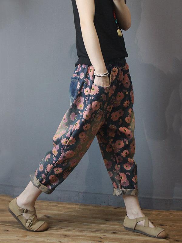 Vintage Floral Elastic Waist Harem Jean Pants