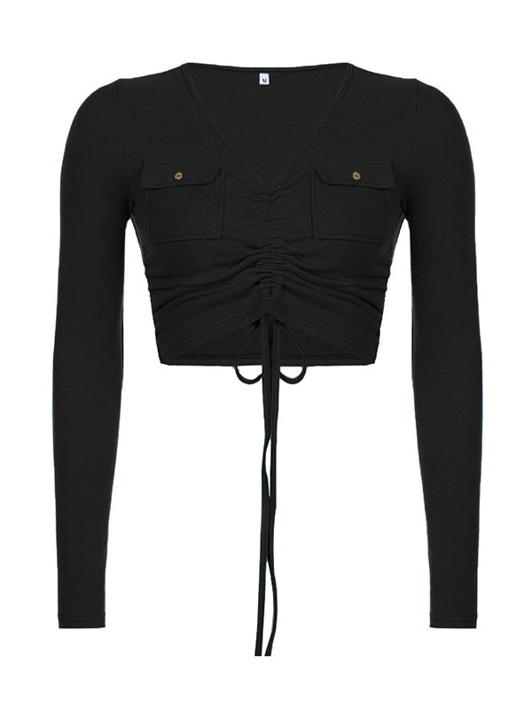 Drawstring  Pockets Long Sleeves Drawstring  Tees