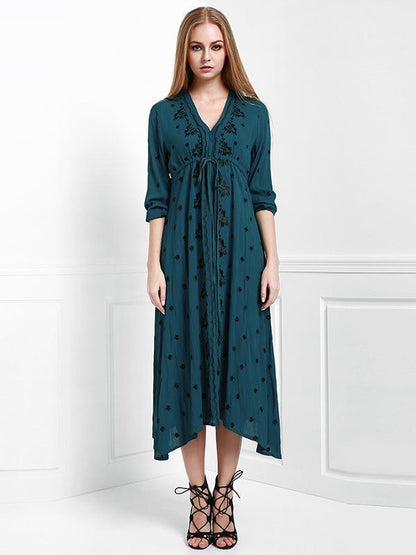 Popular Inwrought Bohemia Half Sleeve V Neck Beach Maxi Dress