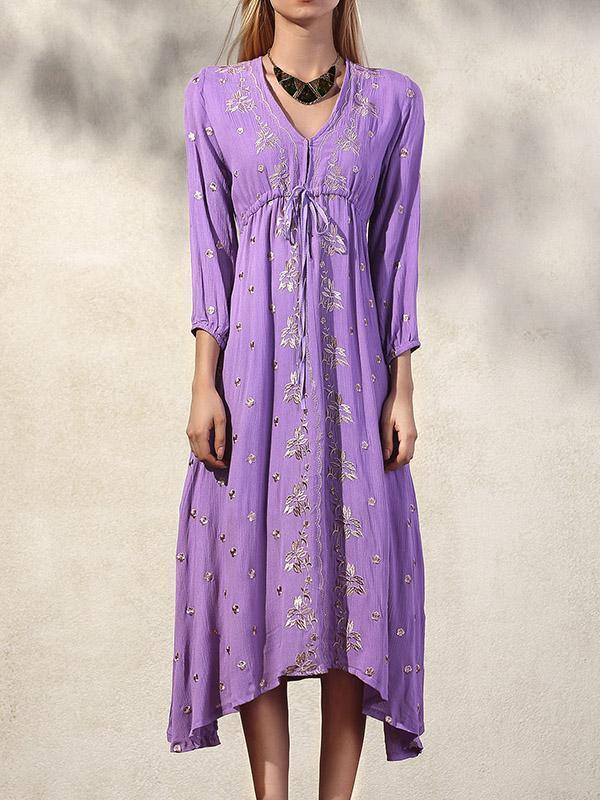 Simple Embroidered V-neck Maxi Dress