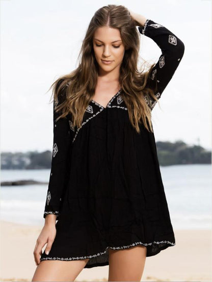 Bohemia Loose Long Sleeves V Neck Mini Dress
