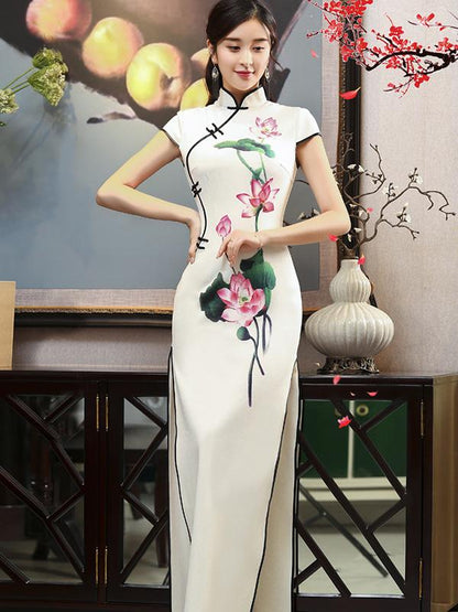 White Lotus Print Long Cheongsam