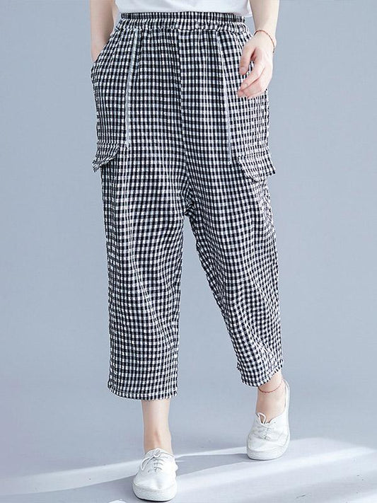 Loose Elastic Waist Plaid Harem Pants